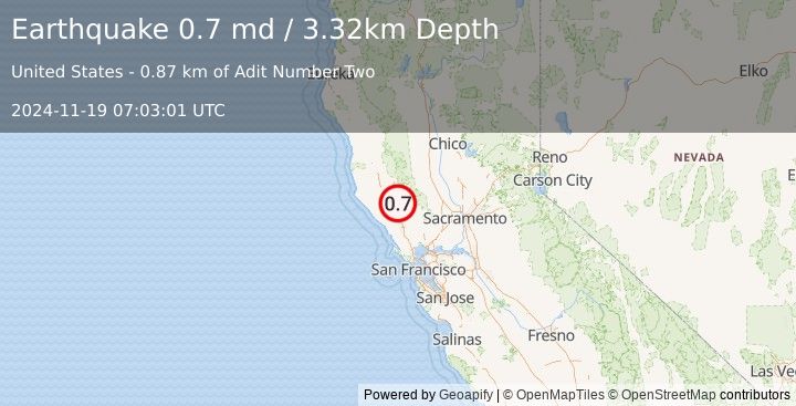 Earthquake 7 km NW of The Geysers, CA (0.7 md) (2024-11-19 07:03:01 UTC)