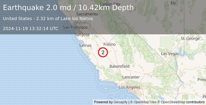 Earthquake 12 km NE of Coalinga, CA (2.0 md) (2024-11-19 13:32:14 UTC)