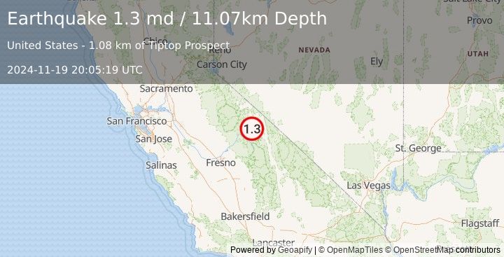 Earthquake 11 km WNW of Toms Place, CA (1.3 md) (2024-11-19 20:05:19 UTC)