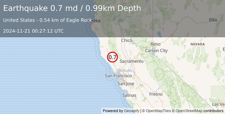 Earthquake 8 km NW of The Geysers, CA (0.7 md) (2024-11-21 00:27:12 UTC)