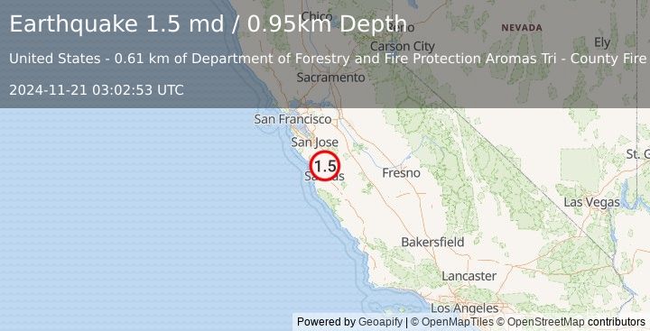 Earthquake 2 km S of Aromas, CA (1.5 md) (2024-11-21 03:02:53 UTC)