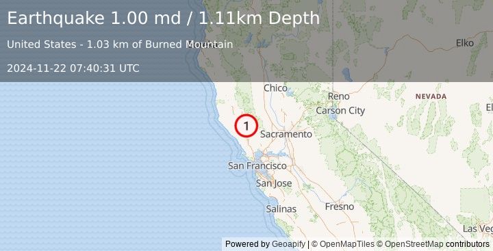 Earthquake 2 km NNW of The Geysers, CA (1.0 md) (2024-11-22 07:40:31 UTC)