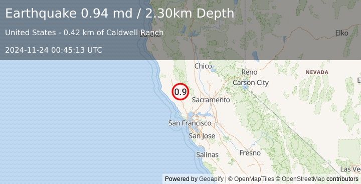 Earthquake 9 km NNW of The Geysers, CA (0.9 md) (2024-11-24 00:45:13 UTC)