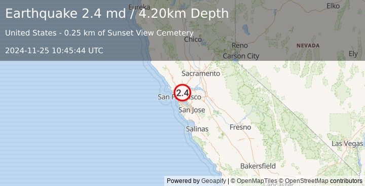 Earthquake 1 km WSW of Kensington, CA (2.4 md) (2024-11-25 10:45:44 UTC)