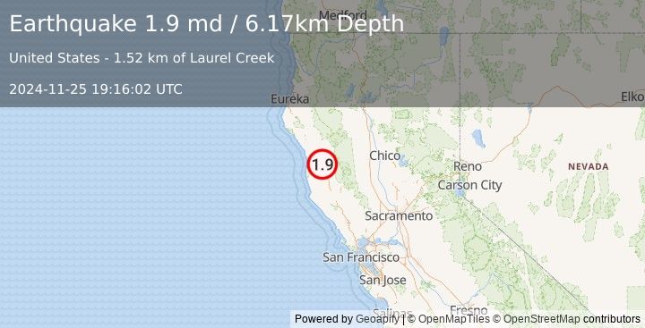 Earthquake 13 km NNE of Brooktrails, CA (1.9 md) (2024-11-25 19:16:02 UTC)