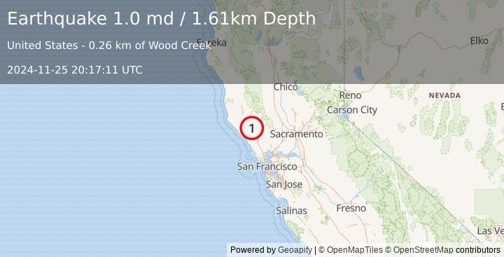 Earthquake 11 km  of Healdsburg, CA (1.0 md) (2024-11-25 20:17:11 UTC)