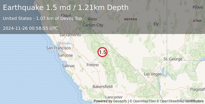 Earthquake 13 km SSW of Mammoth Lakes, CA (1.5 md) (2024-11-26 00:58:55 UTC)