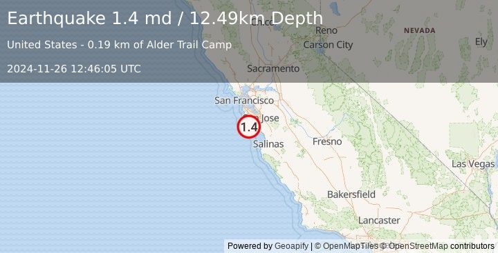 Earthquake 13 km W of Boulder Creek, CA (1.4 md) (2024-11-26 12:46:05 UTC)