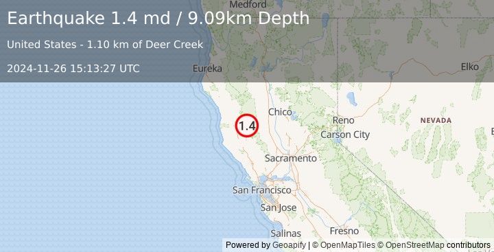 Earthquake 6 km SE of Lake Pillsbury, CA (1.4 md) (2024-11-26 15:13:27 UTC)