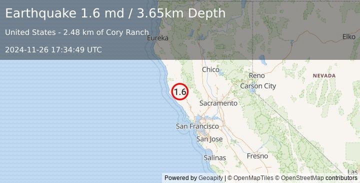 Earthquake 16 km ESE of Boonville, CA (1.6 md) (2024-11-26 17:34:49 UTC)