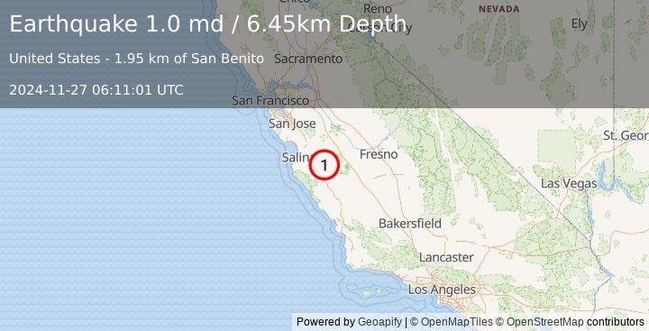 Earthquake 4 km SE of Pinnacles, CA (1.0 md) (2024-11-27 06:11:01 UTC)