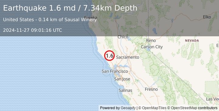 Earthquake 9 km NE of Healdsburg, CA (1.6 md) (2024-11-27 09:01:16 UTC)