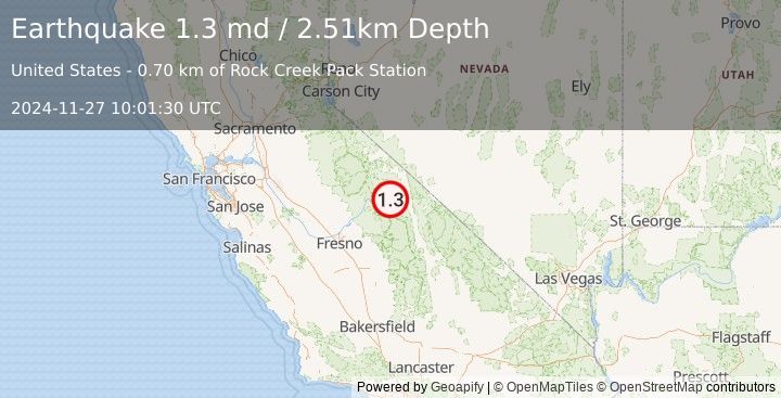 Earthquake 14 km WNW of Round Valley, CA (1.3 md) (2024-11-27 10:01:30 UTC)