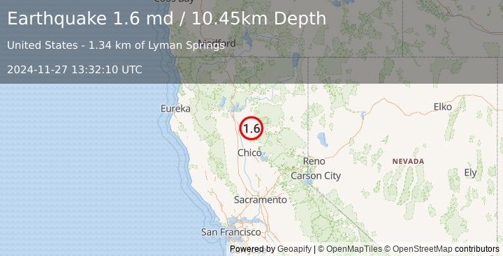 Earthquake 13 km SSE of Manton, CA (1.6 md) (2024-11-27 13:32:10 UTC)