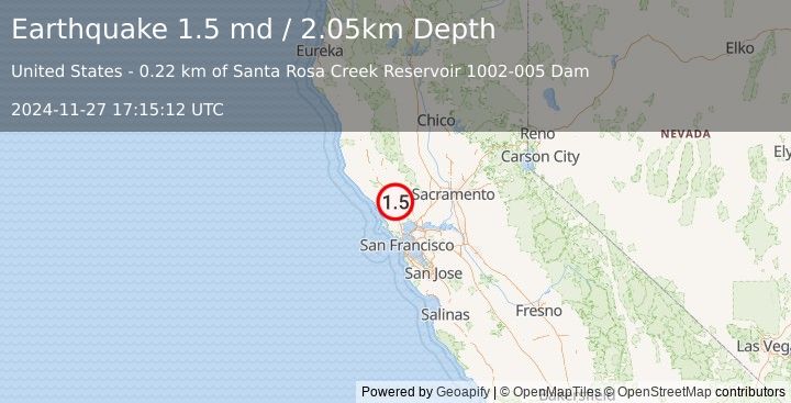 Earthquake 5 km E of Santa Rosa, CA (1.5 md) (2024-11-27 17:15:12 UTC)