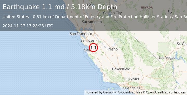 Earthquake 4 km ESE of Hollister, CA (1.1 md) (2024-11-27 17:28:23 UTC)