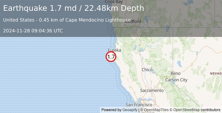 Earthquake 17 km NNW of Petrolia, CA (1.7 md) (2024-11-28 09:04:36 UTC)