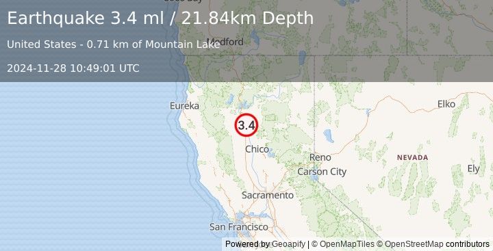 Earthquake 15 km NNE of Red Bluff, CA (3.4 ml) (2024-11-28 10:49:01 UTC)