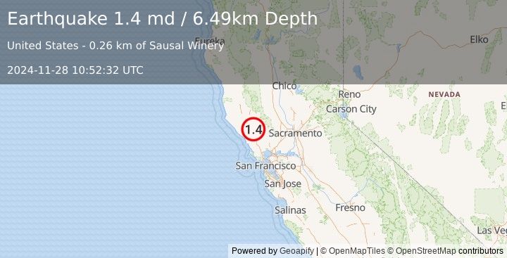 Earthquake 9 km NE of Healdsburg, CA (1.4 md) (2024-11-28 10:52:32 UTC)