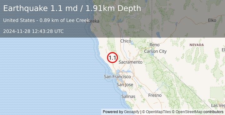 Earthquake 4 km WNW of Cobb, CA (1.1 md) (2024-11-28 12:43:28 UTC)