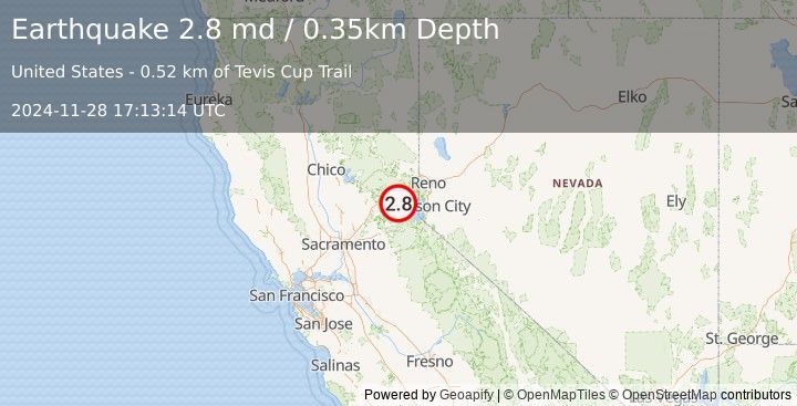 Earthquake 22 km WNW of Sunnyside-Tahoe City, CA (2.8 md) (2024-11-28 17:13:14 UTC)