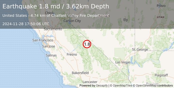 Earthquake 12 km NNE of Dixon Lane-Meadow Creek, CA (1.8 md) (2024-11-28 17:50:06 UTC)