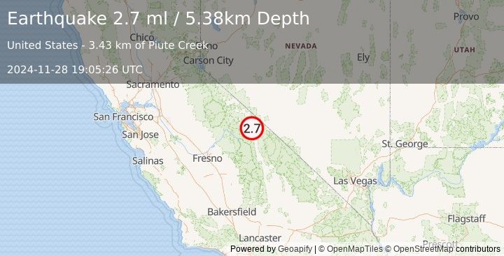 Earthquake 12 km NNE of Dixon Lane-Meadow Creek, CA (2.7 ml) (2024-11-28 19:05:26 UTC)