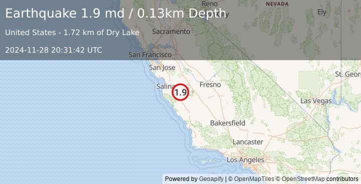 Earthquake 9 km SSE of Pinnacles, CA (1.9 md) (2024-11-28 20:31:42 UTC)