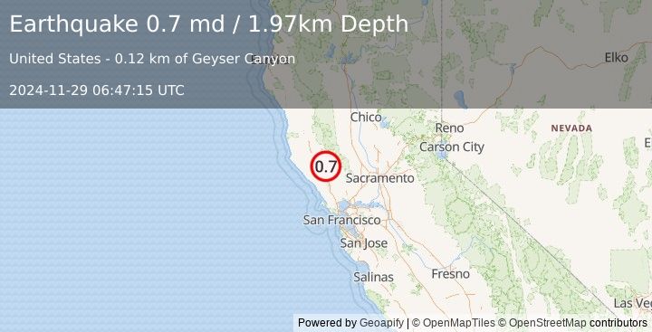 Earthquake 5 km NW of The Geysers, CA (0.7 md) (2024-11-29 06:47:15 UTC)