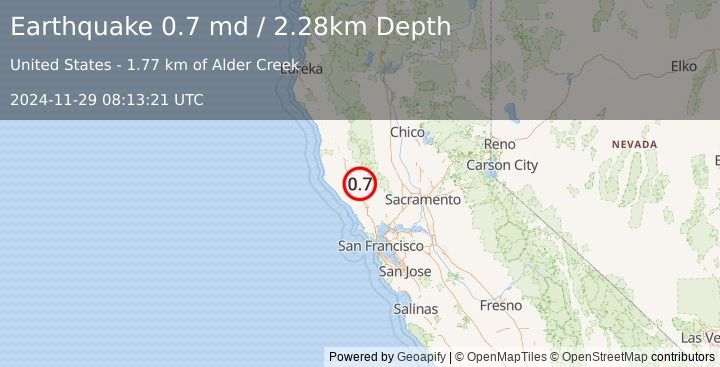 Earthquake 13 km E of Cloverdale, CA (0.7 md) (2024-11-29 08:13:21 UTC)