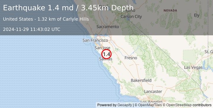 Earthquake 5 km SSW of Gilroy, CA (1.4 md) (2024-11-29 11:43:02 UTC)