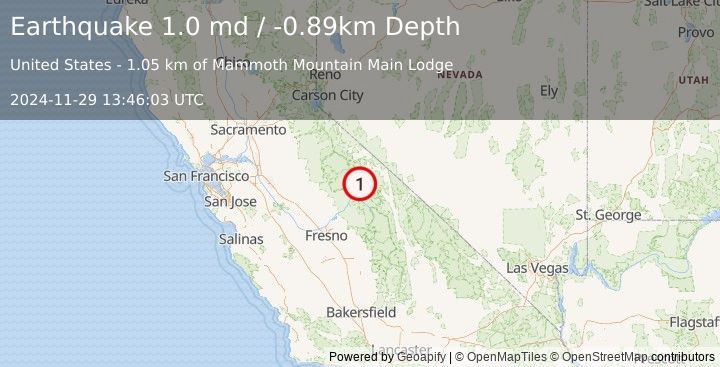 Earthquake 6 km WNW of Mammoth Lakes, CA (1.0 md) (2024-11-29 13:46:03 UTC)