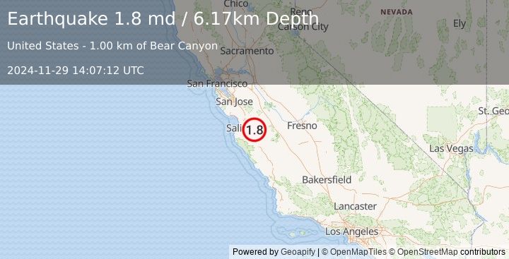 Earthquake 16 km NNW of Pinnacles, CA (1.8 md) (2024-11-29 14:07:12 UTC)