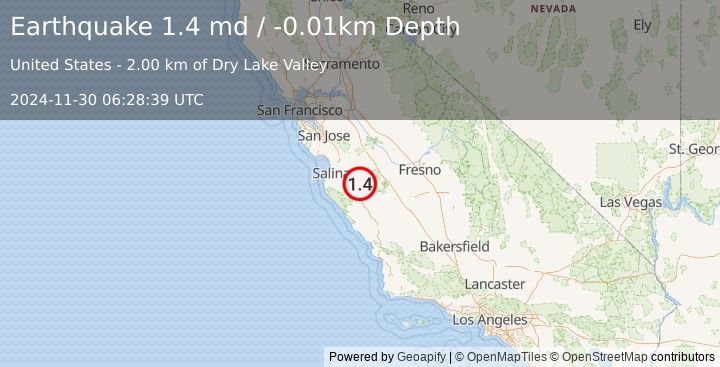 Earthquake 6 km SSE of Pinnacles, CA (1.4 md) (2024-11-30 06:28:39 UTC)