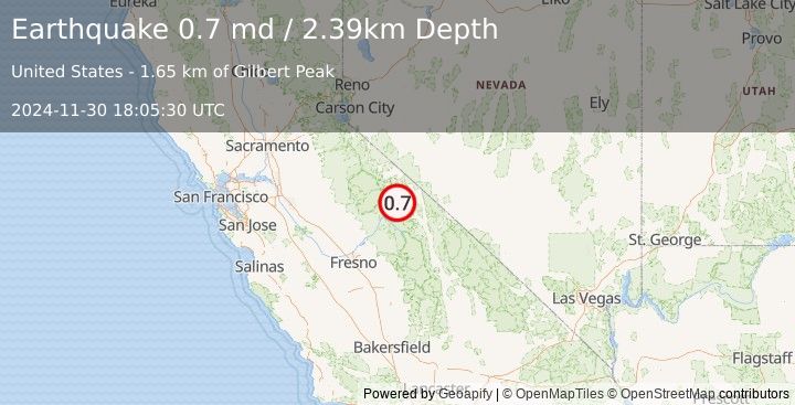 Earthquake 8 km ENE of Mammoth Lakes, CA (0.7 md) (2024-11-30 18:05:30 UTC)