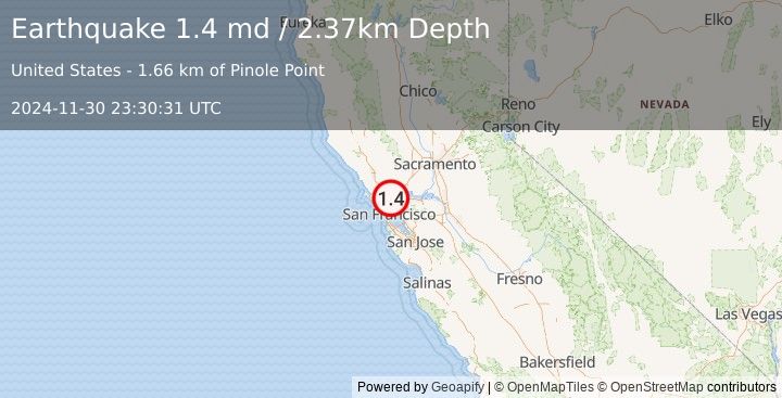 Earthquake 5 km WNW of Bayview-Montalvin, CA (1.4 md) (2024-11-30 23:30:31 UTC)