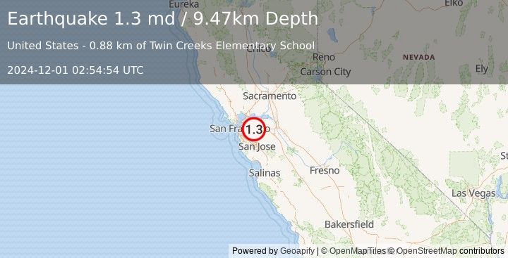 Earthquake 2 km SSW of San Ramon, CA (1.3 md) (2024-12-01 02:54:54 UTC)