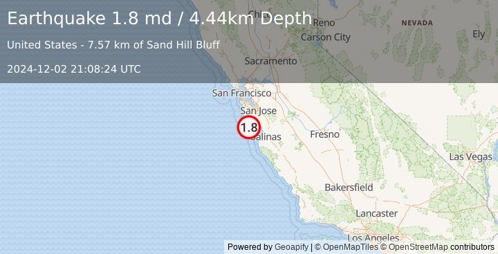 Earthquake 14 km SSW of Bonny Doon, CA (1.8 md) (2024-12-02 21:08:24 UTC)