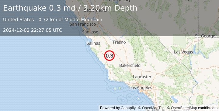 Earthquake 8 km NNW of Parkfield, CA (0.3 md) (2024-12-02 22:27:05 UTC)