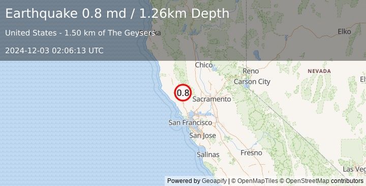 Earthquake 2 km E of The Geysers, CA (0.8 md) (2024-12-03 02:06:13 UTC)