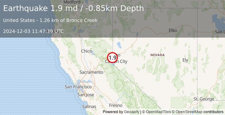 Earthquake 15 km  of Incline Village-Crystal Bay, NV (1.9 md) (2024-12-03 11:47:39 UTC)