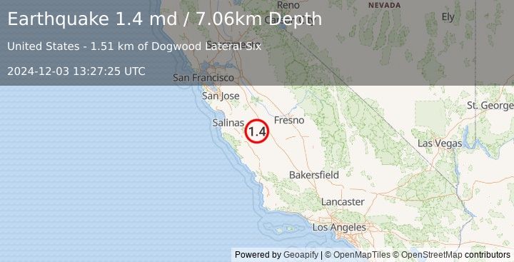 Earthquake 10 km NW of New Idria, CA (1.4 md) (2024-12-03 13:27:25 UTC)