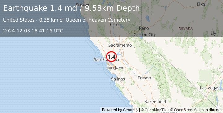 Earthquake 4 km W of Pleasant Hill, CA (1.4 md) (2024-12-03 18:41:16 UTC)