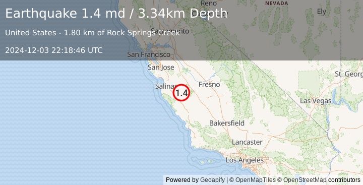 Earthquake 16 km SE of Pinnacles, CA (1.4 md) (2024-12-03 22:18:46 UTC)