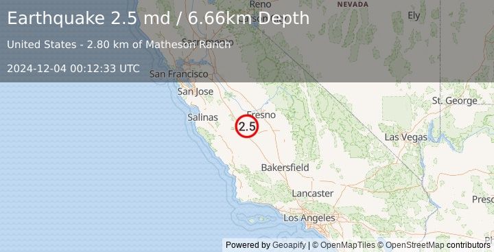 Earthquake 10 km SE of Cantua Creek, CA (2.5 md) (2024-12-04 00:12:33 UTC)