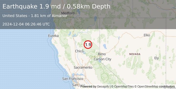 Earthquake 2 km ENE of Canyondam, CA (1.9 md) (2024-12-04 06:26:46 UTC)