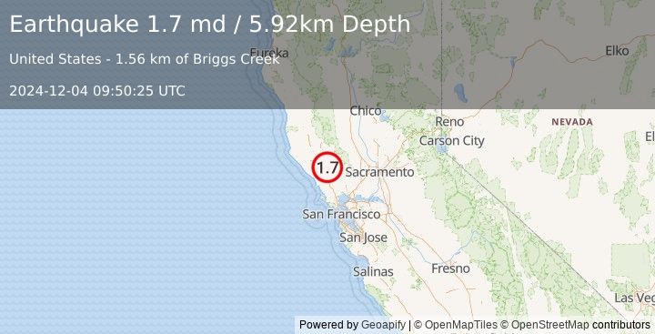 Earthquake 11 km ENE of Healdsburg, CA (1.7 md) (2024-12-04 09:50:25 UTC)