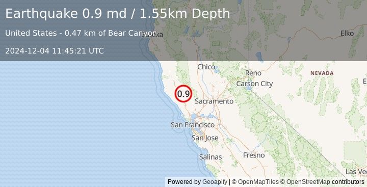 Earthquake 8 km NNW of The Geysers, CA (0.9 md) (2024-12-04 11:45:21 UTC)