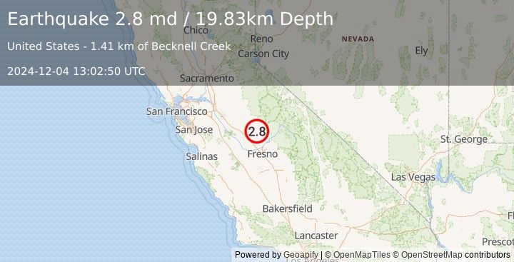 Earthquake 20 km SSW of Bootjack, CA (2.8 md) (2024-12-04 13:02:50 UTC)