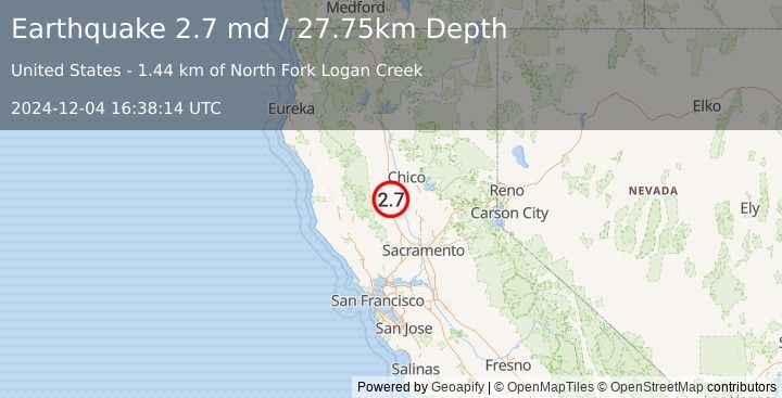 Earthquake 12 km NNE of Maxwell, CA (2.7 md) (2024-12-04 16:38:14 UTC)